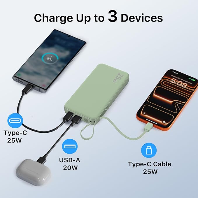 NOBIS Portable Charger 10000mAh 25W Power Bank Fast Charging Battery Pack with Built-in Type-C Cable, USB-C in/Out, USB-A Output with LED Display for Phone 17 S25