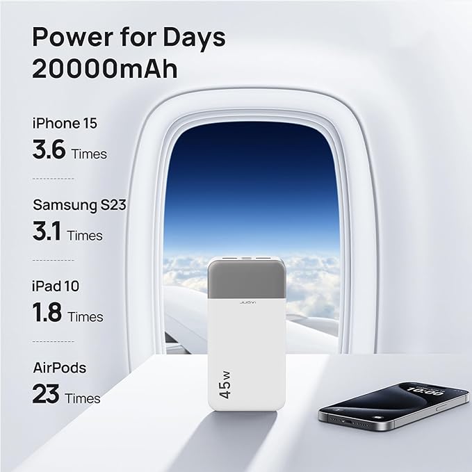 JUOVI J2621 Power Bank Portable Charger 20000mAh 45W, PD3.0 QC 4.0 Fast Charging Battery Pack with LED Display,2 USB-C,2 USB-A for iPhone 15 16, MacBook