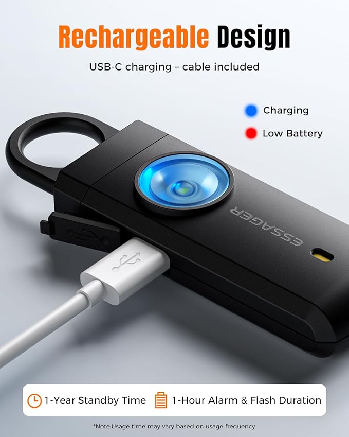 ESSAGER Personal Safety Alarm for Women, 130 dB Self Defense Siren, Rechargeable & Portable with Keychain and Carabiner, Low Battery Notice, LED Strobe Light for Kids, Seniors, College Students(Black)