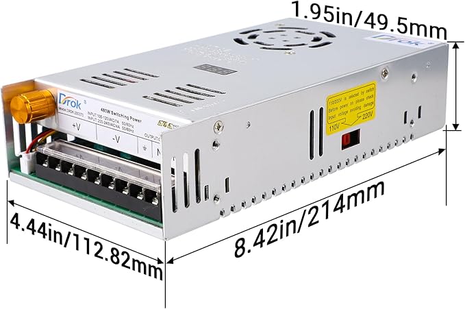 DROK 48V Power Supply, AC to DC Converter 0-48V 10A 480W Variable Power Supply, AC to DC Adapter Low Voltage Transformer for Landscape Lights LED Adapter Lab CCTV