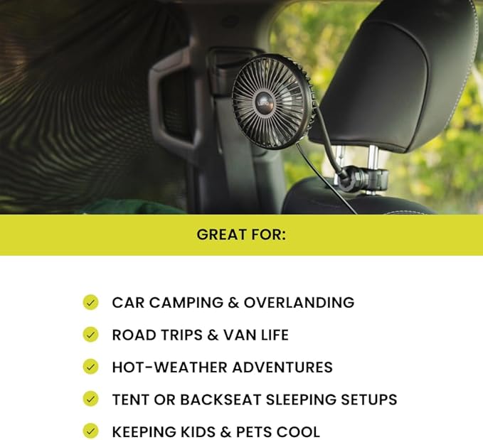 Luno Car Camping Fan - Suction Cup Fan for Car | USB-C Powered with 3 Speeds, Flexible Arm, 5 Blades, 360° Airflow & Headrest Mount - Compact Cooling Solution for Camping & Road Trips