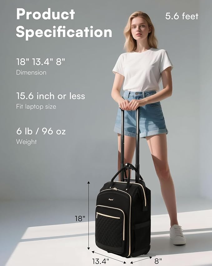 Rolling Backpack for Women, Travel Backpack with Wheels, Vertical Storage Wheeled Laptop Backpack, Overnight Underseat Carry on Luggage for College Business Work, Stylish Rolling Laptop Bag, Black