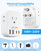 LENCENT US to India Power Plug Adapter, Indian Travel Adaptor with 4 Outlets, 4 USB Ports(2 USB C), Type D Plug Converter for USA to India Nepal Bangladesh Maldives Pakistan, Safe Grounded