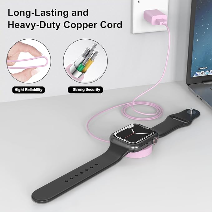 Fast Charger for Apple Watch Charger, Magnetic iWatch Charger to USB A Cable 3.3FT with USB A Wall Plug Adapter for Apple iWatch Series Ultra/10/9/8/7/6/SE/5/4/3/2 (Pink)
