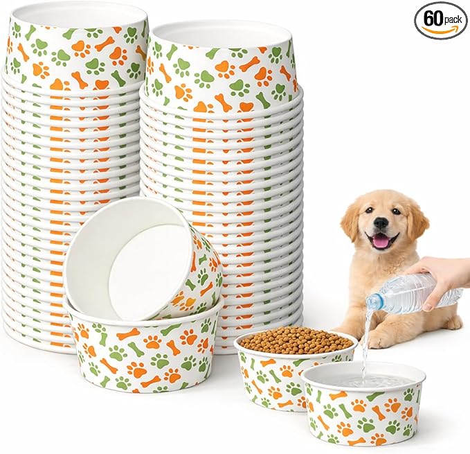 60 Pcs 42 oz/ 5.2 Cups Disposable Pet Bowls with Waterproof PE Coating, Heavy Duty Leakproof Bulk Dog Bowls with Printed Pattern for Multi-Dog Homes, Puppies, Travel, Camping & Pet Party