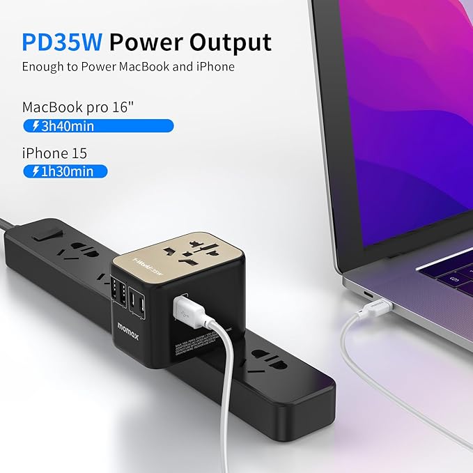 MOMAX Universal Travel Adapter, PD 35W Fast International Power Adapter, 3 USB C & 2 USB A, Worldwide Travel Plug Adapter, International Power Adapter for Europe, USA, Japan, Australia (Type C/A/G/I)