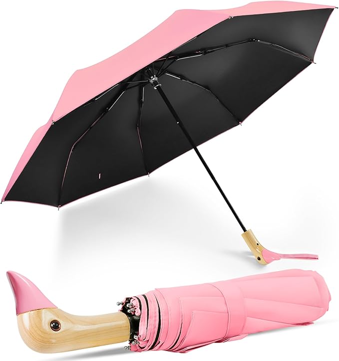Compact Small Umbrellas for Rain&Sun, Cute Design Duck Head Umbrella for Girls Gifts, 8 Ribs Folding Umbrella with Wooden Handle