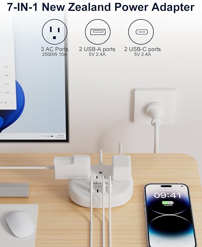 Australia Power Plug Adapter, New Zealand Power Adapter with 3 American Outlets 4 USB Ports (2 USB-C) Total 24W, Type I Plug Adapter for USA to Australia, Argentina, China, 4FT