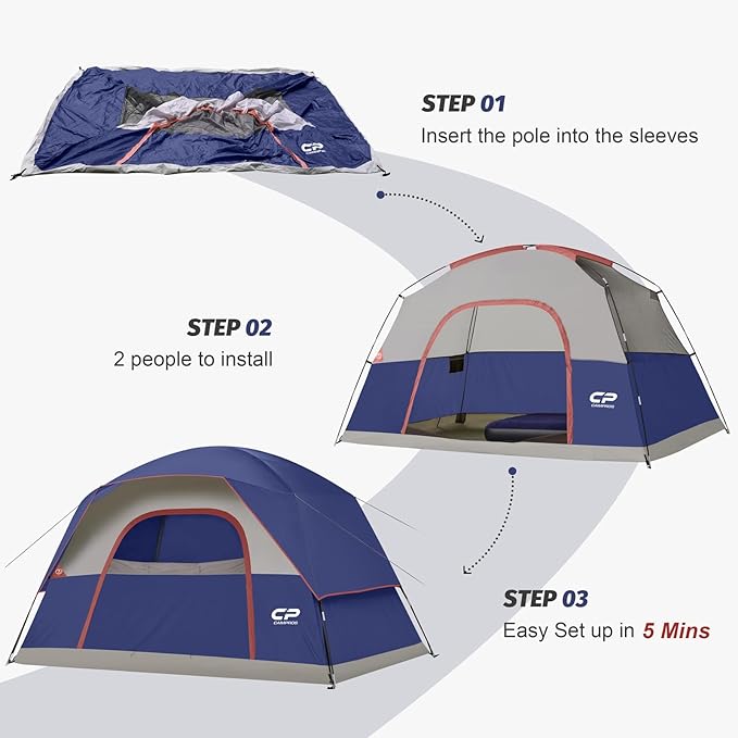 CAMPROS CP Camping Tent 2/4/6 Person, Waterproof Windproof Double Layer Dome Tent, Easy Setup with Large Mesh Windows & Wide Door for Outdoor Camping Backyard