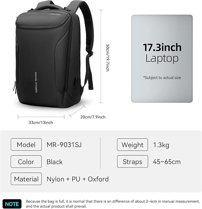 MARK RYDEN Business Backpack for Men, 17.3 Inch Tech Waterproof Laptop Backpack with USB Charging Port, Professional Work Backpack for Travel, Office, College, Commuting, Hiking