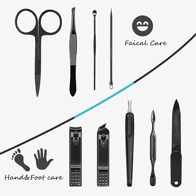 HANTEKAS Manicure Set 9 in 1 Stainless Steel, Nail Clippers Scissors Pedicure Tools Kit - Portable Travel Grooming Kit for Men and Women with Black/Blue Leather Case (Blue)