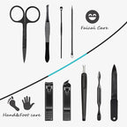 HANTEKAS Manicure Set 9 in 1 Stainless Steel, Nail Clippers Scissors Pedicure Tools Kit - Portable Travel Grooming Kit for Men and Women with Black/Blue Leather Case (Blue)