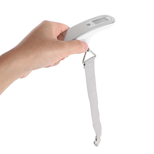Abaodam Portable Digital Luggage Scale with LCD Display, Mini Handheld Electronic Hanging Scale for Travel Suitcases, 50kg Capacity, White Strap, Battery Powered for Accurate Baggage