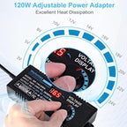 Universal Power Supply 3V~24V 6A 144W Adjustable Variable 3V 5V 9V 12V 18V 20V 24V AC/DC Adapter Charger, 100V-240V AC to DC Converter with 14 Tips, Polarity Converter and 4-Way Power Splitter Cable