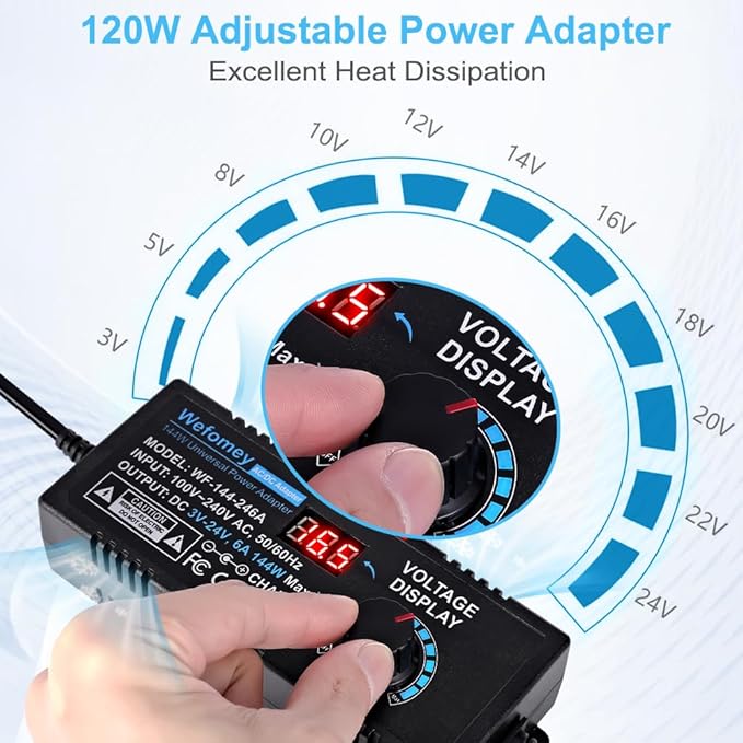 Universal Power Supply 3V~24V 6A 144W Adjustable Variable 3V 5V 9V 12V 18V 20V 24V AC/DC Adapter Charger, 100V-240V AC to DC Converter with 14 Tips, Polarity Converter and 4-Way Power Splitter Cable