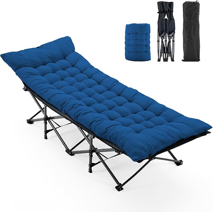 OLIXIS Folding Camping Cot, Rollaway Bed, Portable Camping Bed for Indoor & Outdoor, Sleeping Cot for Adults, 3.5'' Cushion, 440 lbs Sturdy Frame, Quick Setup, Compact Carry & Storage, Blue