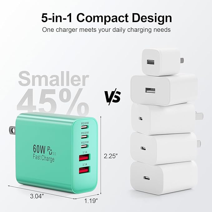 USB C Charger Block, 60W 5-Port Type C Charger Fast Charging Block, USBC USB Multiple Port Wall Charger Plug Adapter for iPhone 17/Air/16/15/14/13/12/11 Pro Max, Samsung Galaxy, iPad, Tablet (Green)