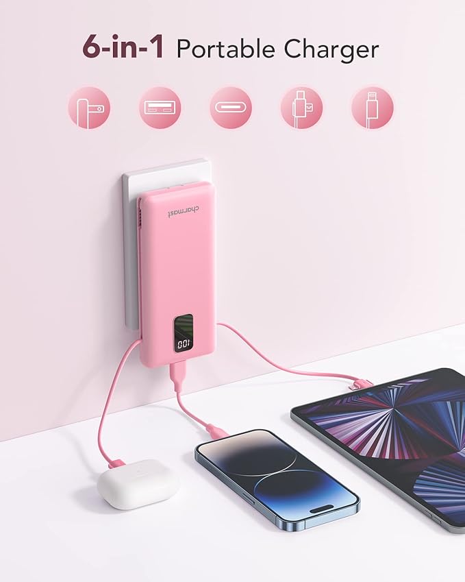 charmast Portable Charger with Built-in Cables and Wall Plug, 10000mAh USB C Portable Power Bank, Potable Phone Charger, Travel Essentials Compatible with iPhones, Samsung Galaxy, iPad
