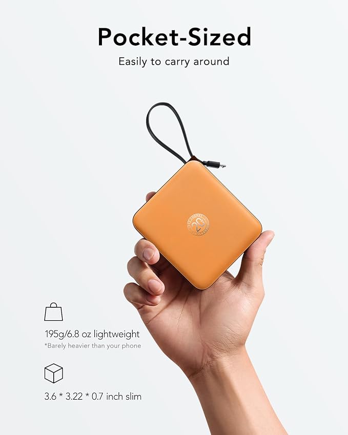 VRURC Portable Charger USB C for iPhone, Cargador Portátil para iPhone 10000mAh, Power Bank with Built-in Cables, 22.5W Fast Charging, LED Display, Slim for iPhone 17 Pro Max & Series (Orange)