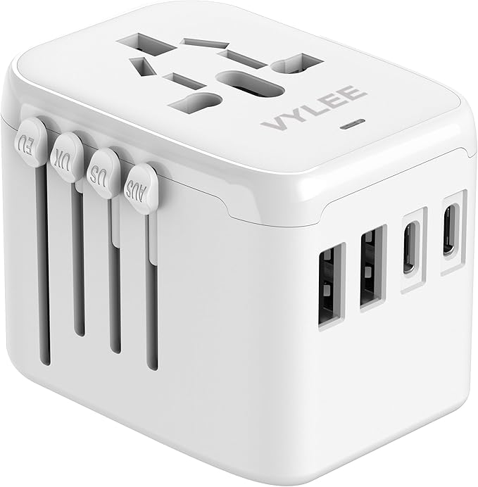 VYLEE Universal International Power Travel Plug Adapter, 5 in 1 European Travel Plug Adapter W/ 3.5A 2xUSB-A and 2xUSB C Wall Charger and Worldwide AC Outlet for Europe USA UK AUS Asia(White)