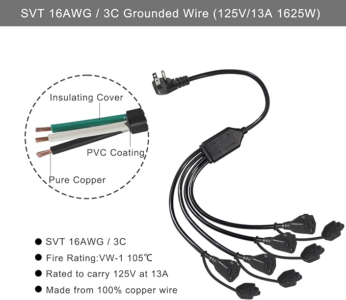 4 Way Outlet Splitter - Black 1-Pack 90-Degree Angled Flat Plug 1 to 4 Extension Cable Power Strip, 16/3 Gauge 1.5FT, 3 Prong Y Style Multi Outlet Splitter, Perfect for Wall Wart Adapters