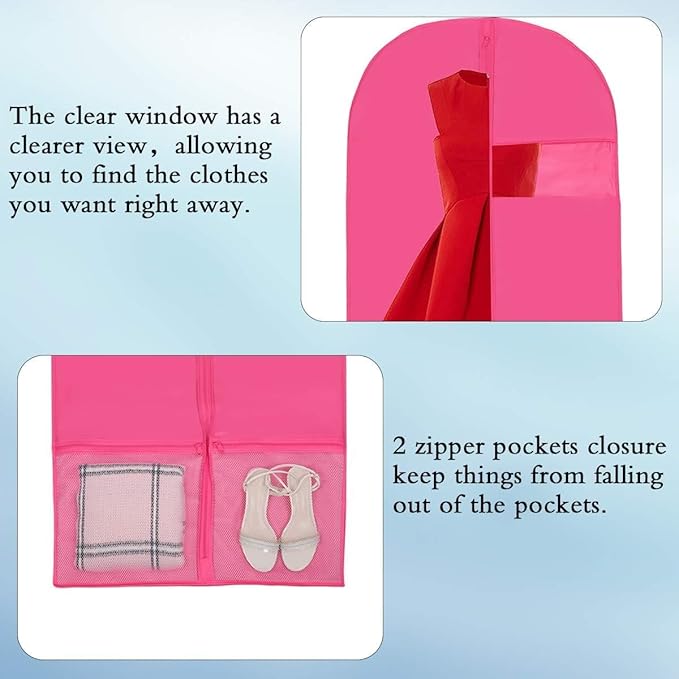 Kernorv Garment Bags Dance Costume Bags,51" Breathable Dance Dress Bag with 2 Zipper Mesh Pockets and Clear Window for Dance Costumes, Storage or Travel (5 Pack,Pink)