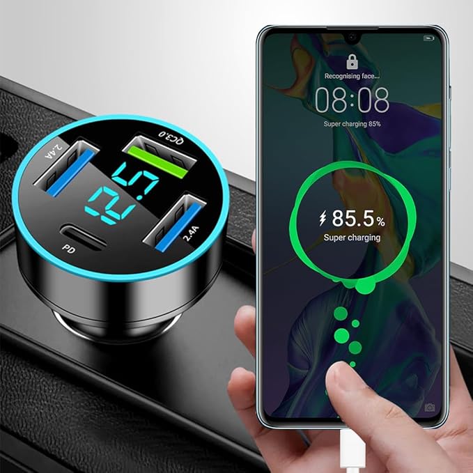 4 Ports Fast Car Charger,[Upgrade Voltmeter Display] PD+QC3.0 Car Charger Adapter for 12-24V Cigarette Lighter Plug,Phone Charger Compatible with iPhone/Android/Samsung/iPad(QC3.0+PD+2.4A+2.4A)