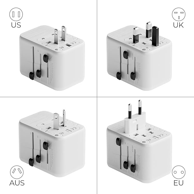 oviitech Universal Travel Adapter, International Power Adapter with 2 USB-C and 2 USB-A Ports, 70W Worldwide Travel Wall Charger for UK,Europe,USA,Australia.White.