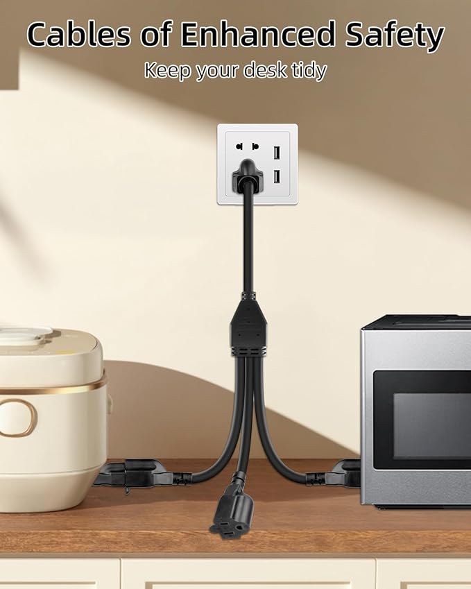 18AWG 3 Prong Extension Cord Splitter, NEMA 5-15P to 5-15R 3 Way Extension Power Outlet Splitter Cable for Home,Room,Office(1M/3.2FT)