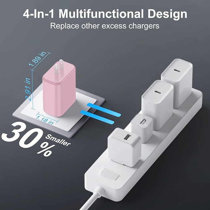 USB C Charger Block, 3-Pack 40W Wall Plug Fast Charging Block, Type C Charging Blocks Cube 4-Port PD + QC Power Adapter, Compatible with iPhone 17/16/15/14/13/12/11/Pro Max, Tablets（Pink）