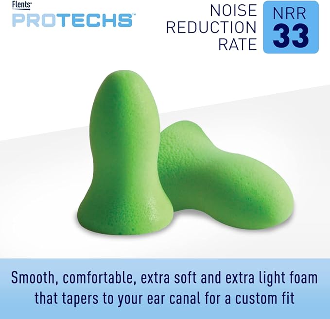 Flents Protechs Foam Ear Plugs, 50 Pair for Sleeping, Snoring, Loud Noise, Traveling, Concerts, Construction, Studying, Work, Shooting, Contour to Ear, NRR 33, Noise Cancelling, Green, Made in the USA