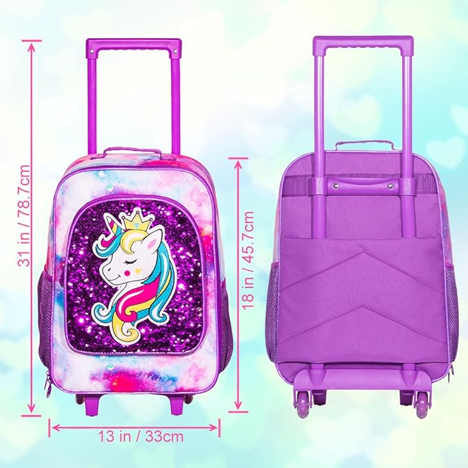 2Pcs Kids Suitcase, 18" Girls Carry on Luggage With Wheels, Unicorn Suitcases with toddler Backpack(Purple)