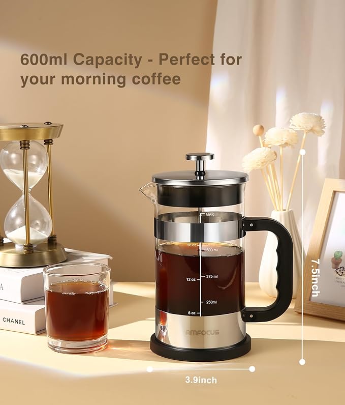 AMFOCUS French Press Coffee Maker 21 oz, 4-Level Filtration System, Premium Heat-Resistant Borosilicate Glass Teapot, Portable Coffee & Cold Brew Maker for Home, Travel, Camping - Ideal Gift