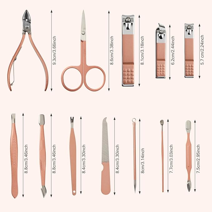 Manicure Set, 12 In 1 Stainless Steel Professional Pedicure Kit Nail Scissors Grooming Kit with Pink Leather Travel Case Pink