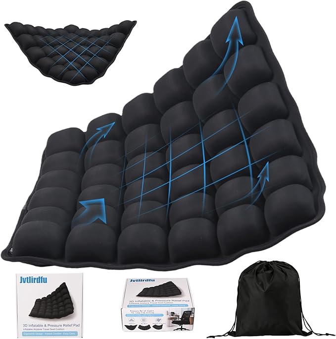 Portable Travel Airplane Seat Cushion, 3D Air Cell Tech with Built-in Pump, Adjustable Firmness Back & Tailbone Support, Ideal for Long Flights, Office, Car, Wheelchair,Great for Soccer Watching