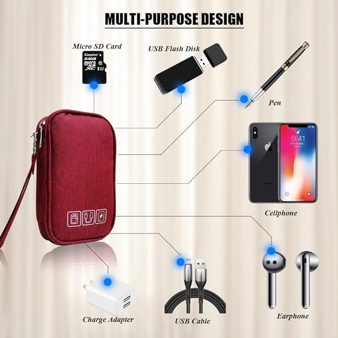 Electronic Organizer Bag Cable Organizer Travel Cord Organizer Case Pouch Portable Carrying Case for Charger Hard Drive Earphone USB SD Card (Red)