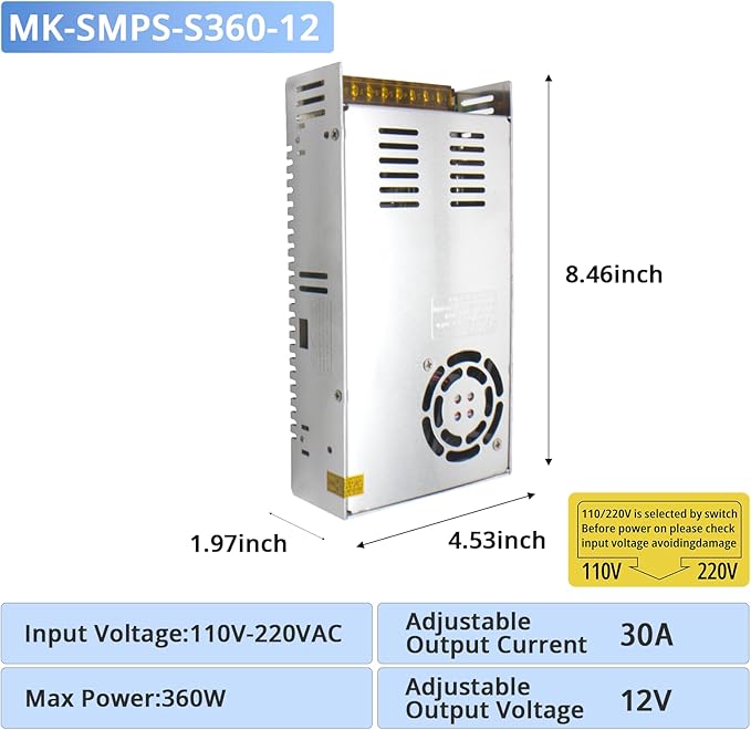 MK-SMPS-S360-12 DC 360W Switching Power Supply Converter, AC 110V-220V to DC 12V Power Supply Transformer Driver Adapter, Universal Regulated Switching 30A for Strip 3D Printer CCTV Camera Motor Pump