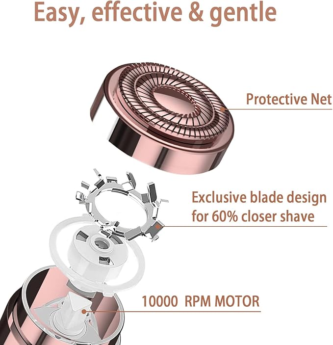 tuokiy Women Facial Hair Removal Device Battery Operated with 2 Replacement Heads,Ladies Face Shaver for Peach Fuzz Upper Lip,Chin, Facial Hair Removal for Women, Rose Gold