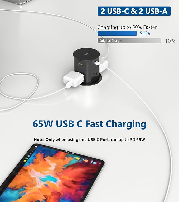Power Strip Pop up Outlet for Countertop,PD 65W USB C,4 USB Ports,4 Outlets Tamper Resistant,Flush Mount,Space Saver Recessed Receptacle,ETL Listed (Black, 6FT_4 Outlets_65W USB)