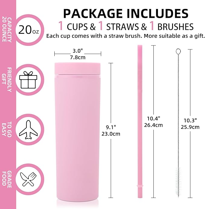 Volhoply 20oz Plastic Skinny Tumbler,Double Wall Tumblers with Lid and Straw,Reusable Travel Iced Coffee Mug,BPA Free Matte Acrylic Water Cups With Straw for Parties,DIY Gifts(Pink, 1 Set