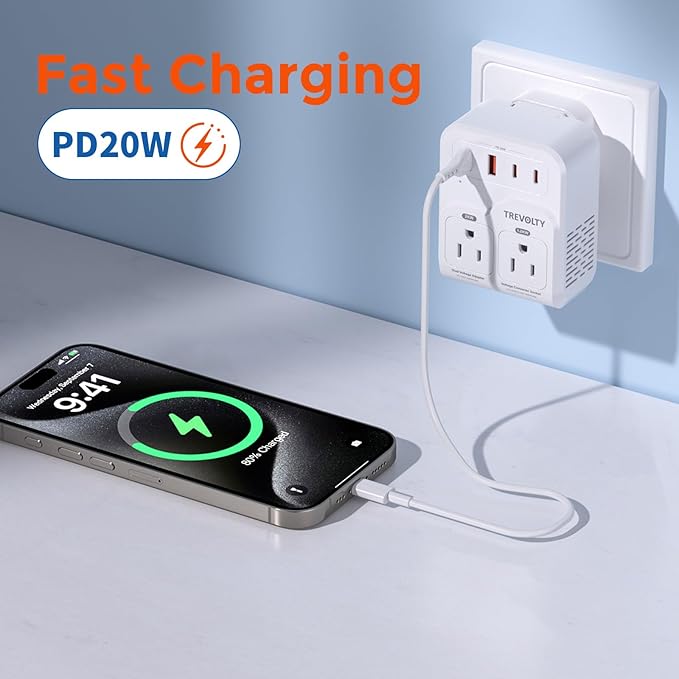 2000W Voltage Converter US to Europe for Hair Dryers, 7-in-1 220V to 110V Converter for European Travel with 3 AC/2 USBA/2 USBC Ports (PD20W), Universal Travel Adapter with Type C G Plug (White)