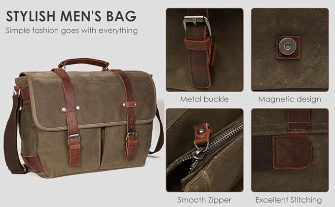 Vintage Genuine Leather Waxed Canvas Briefcase Large Satchel Shoulder Bag Rugged Computer 15.6" Laptop Bag