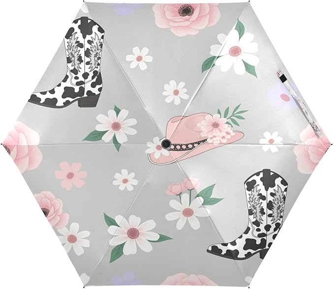 Cowboy Boots Pattern Umbrellas for Rain Windproof Small Folding Compact Mini Travel Umbrella for Purse Lightweight Portable Pocket for Women