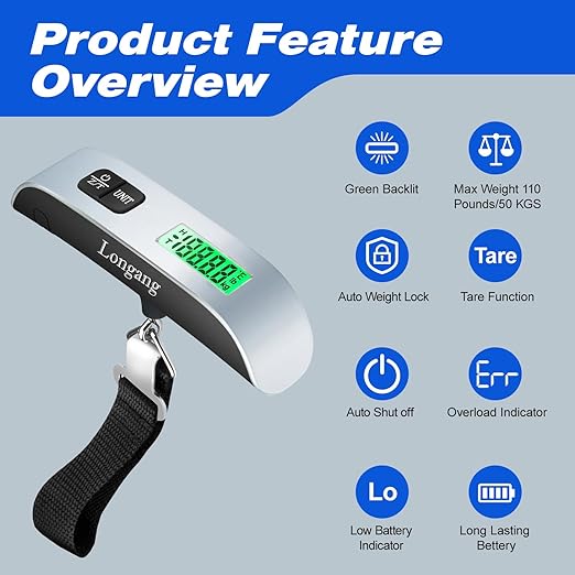 Digital Hanging Luggage Scale with Backlit for Travel, Portable Handheld Suitcase Weight Scale with Hook, 110 Pounds, Battery Included