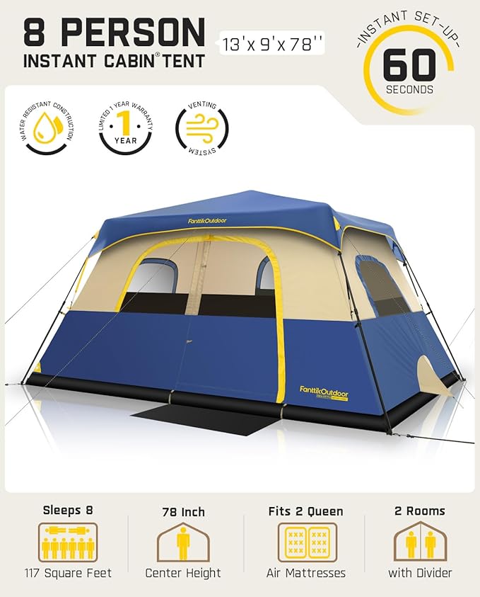 FanttikOutdoor Camping Tent 4/6/8/10 Person Instant Cabin Tent Setup in 60 Seconds with Rainfly & Windproof Portable with Carry Bag for Family Camping & Hiking, Upgraded Ventilation, Navy Blue