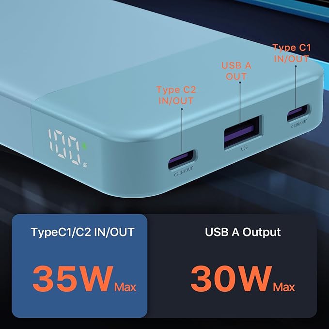 JUOVI Power Bank Fast Charging 10000mAh 35W Portable Charger Small Battery Pack with PD 3.0 & QC 4.0 Type-C USB-A Input Output Lightweight Phone Charger Compatible for iPhone Samsung iPad