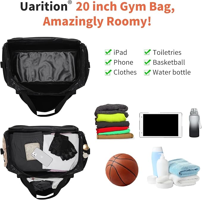 Uarition Men's Large Duffle Bag, 55L Heavy Duty Gym Bag for Sports, Workout, and Travel - Durable Duffel Gear Bag in Marble Black