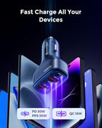 SUNDA 60W USB C Fast Car Charger, 4-Ports Car Charger Adapter, Dual Type C PD30W/PPS30W Compatible with iPhone17/16 Pro/Max/iPhone15/Galaxy/SamsungS25, Dual USB-A 18W QC3.0 for Android(Blue)