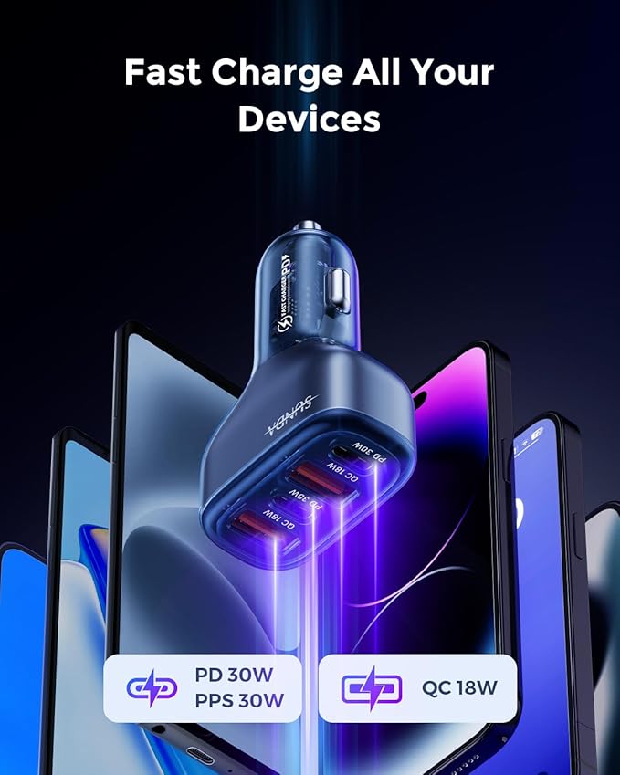 SUNDA 60W USB C Fast Car Charger, 4-Ports Car Charger Adapter, Dual Type C PD30W/PPS30W Compatible with iPhone17/16 Pro/Max/iPhone15/Galaxy/SamsungS25, Dual USB-A 18W QC3.0 for Android(Blue)