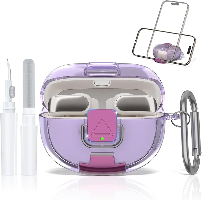 for Bose Ultra Open Earbuds Case with Secure Lock & Phone Stand, Soft TPU Shockproof Protective Clear Case for Bose Open Ear Earbuds Accessories with Cleaning Pen & Keychain (Clear Purple)